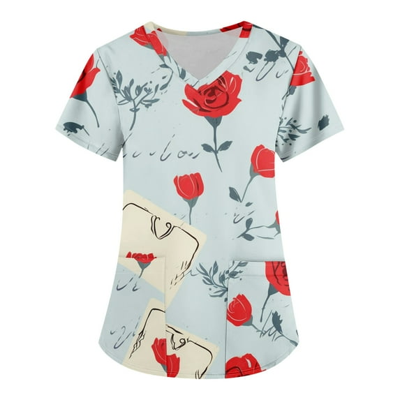 Valentines Day Womens Print Scrub Tops Love Heart Printed V-Neck Breathable T-Shirts Short Sleeve Professionals Soft Stretch Scrub Tops with Pockets light blue X-Large