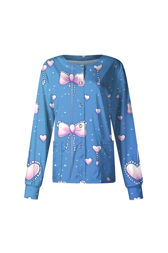 Valentine's Day Nursing Scrub Jacket - Long Sleeve Button Down Heart Print Professional Medical Uniform with Pockets Blue XXL