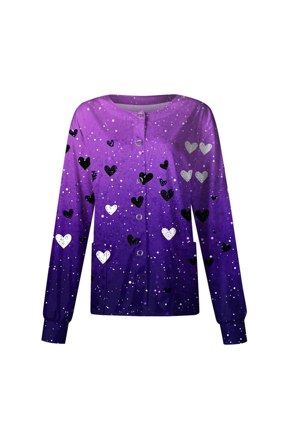 Valentine's Day Nursing Scrub Jacket - Long Sleeve Button Down Heart Print Professional Medical Uniform with Pockets Dark Purple 5XL