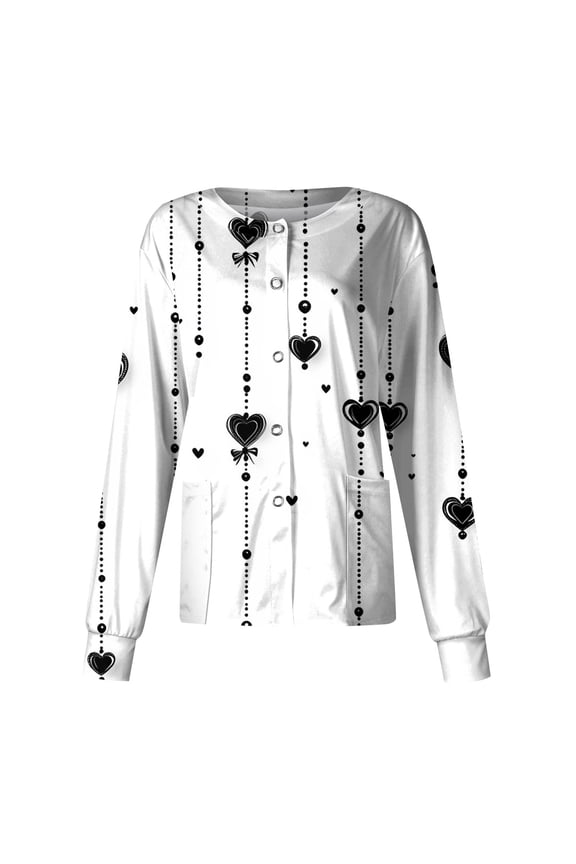 Valentine's Day Nursing Scrub Jacket - Long Sleeve Button Down Heart Print Professional Medical Uniform with Pockets Multicolor S