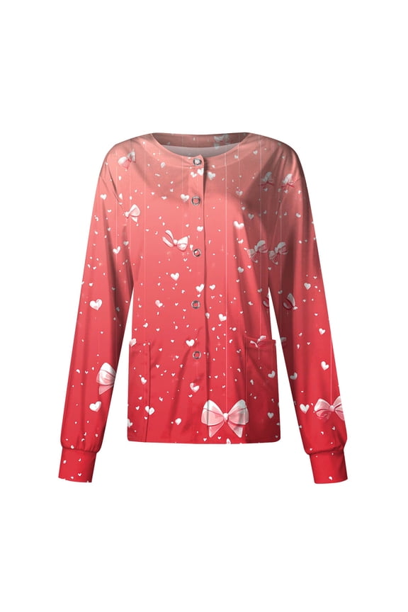 Valentine's Day Nursing Scrub Jacket - Long Sleeve Button Down Heart Print Professional Medical Uniform with Pockets Pink M