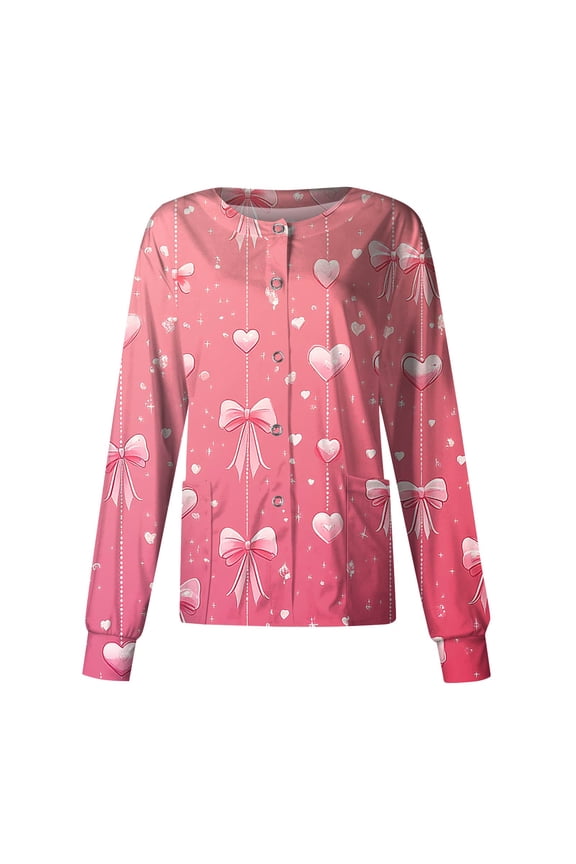 Valentine's Day Nursing Scrub Jacket - Long Sleeve Button Down Heart Print Professional Medical Uniform with Pockets Pink XL