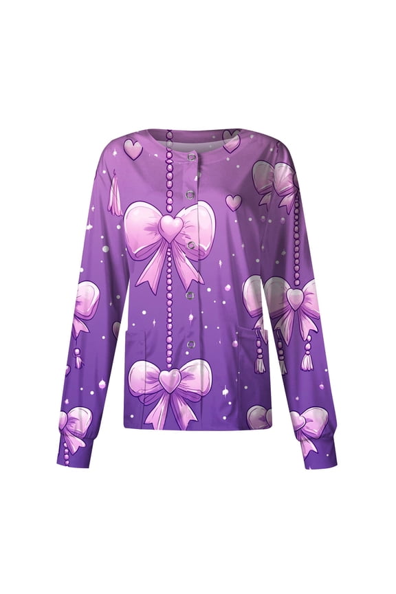 Valentine's Day Nursing Scrub Jacket - Long Sleeve Button Down Heart Print Professional Medical Uniform with Pockets Purple XXL