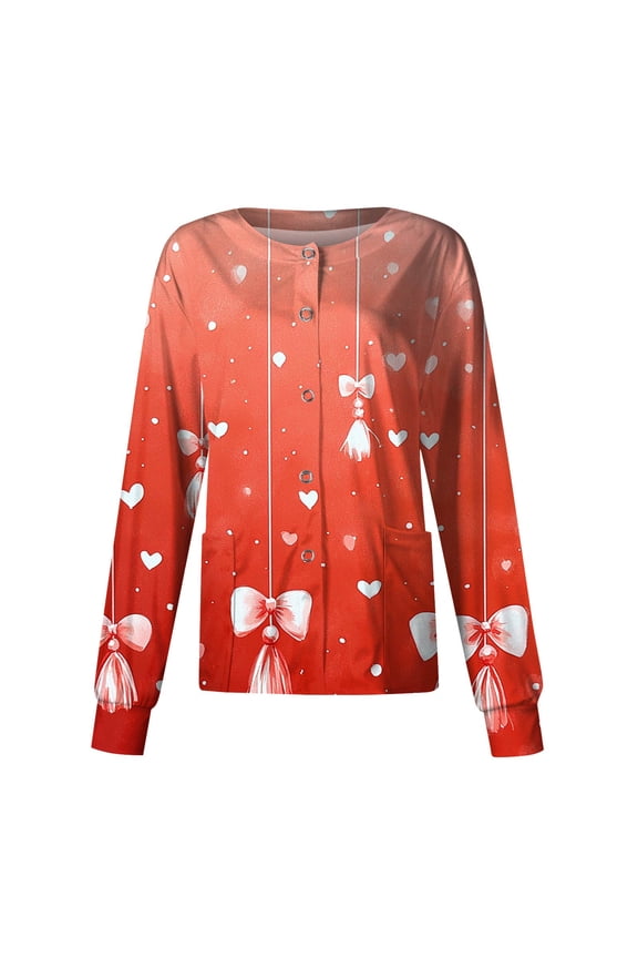 Valentine's Day Nursing Scrub Jacket - Long Sleeve Button Down Heart Print Professional Medical Uniform with Pockets Vermilion S