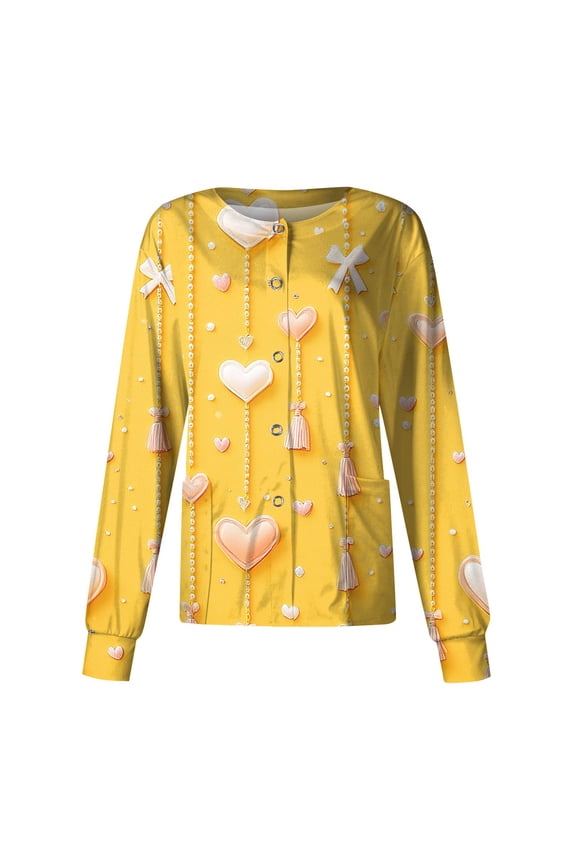 Valentine's Day Nursing Scrub Jacket - Long Sleeve Button Down Heart Print Professional Medical Uniform with Pockets Yellow XXL