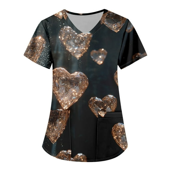 Valentine's Day Nursing Uniforms Shirts Women Love Heart Printed V-Neck Breathable Scrub Tops Short Sleeve Professionals Soft Stretch Workwear Shirt with Pockets black Medium
