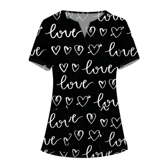 Valentine's Day Nursing Uniforms Shirts Women Love Heart Printed V Neck Breathable Workwear Shirt Short Sleeve Professionals Soft Stretch T-Shirts with Pockets (White)