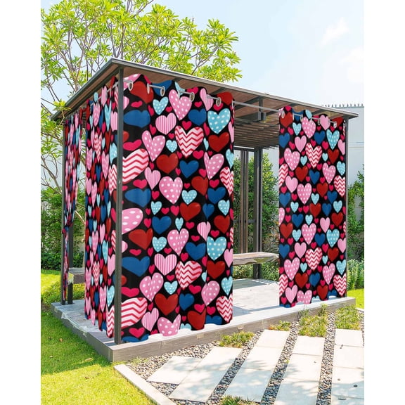 Valentine's Day Outdoor Curtains for Patio, Pink Blue Red Dots Striped Love Black Privacy Drapes Grommet Waterproof Outside Curtains for Porch/Cabana/Balcony 54"x 84", 1 Panel