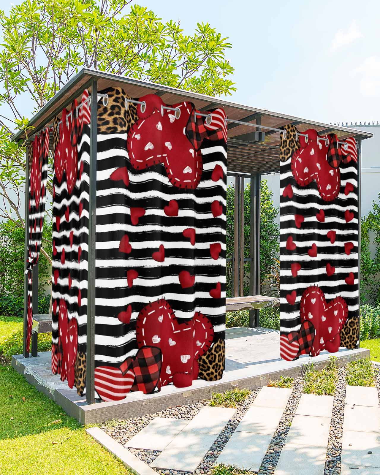 Valentine's Day Outdoor Curtains for Patio, Red Love Heart Leopard Spot Black Stripes Privacy Drapes Grommet Waterproof Outside Curtains for Porch/Cabana/Balcony 54"x 108", 1 Panel