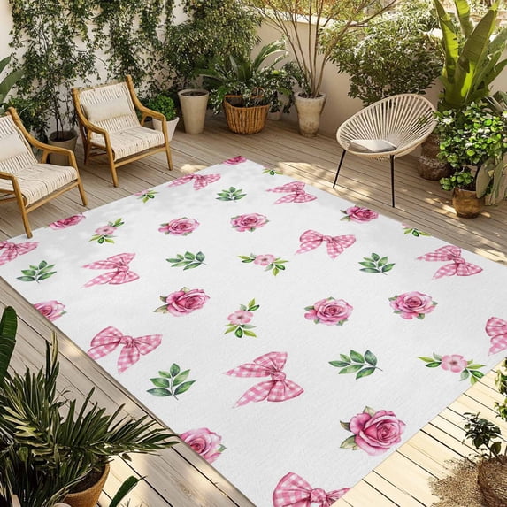 Valentine's Day Outdoor Rug 3x5 Ft - Reversible Patio Rug Outdoor Camping Rugs, Spring Roses Romantic Pink Bows Leaves Washable Indoor Outdoor Area Rugs, Non-Slip Outdoor Carpet Runner for Deck/Porch