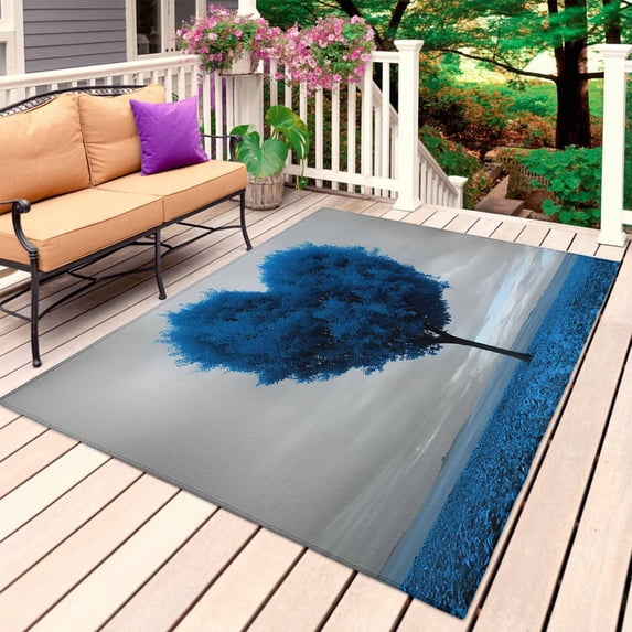 Valentine's Day Outdoor Rug 4x6 Ft, Non Slip Washable Area Rug, Blue Heart Love Trees Romance Spring Patio Rugs Carpet Runner, Large Floor Mat for Indoor/Outdoor Deck Porch Camping