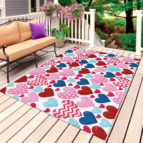 Valentine's Day Outdoor Rug 4x6 Ft, Non Slip Washable Area Rug, Modern Romantic Colorful Striped Dots Love Patio Rugs Carpet Runner, Large Floor Mat for Indoor/Outdoor Deck Porch Camping