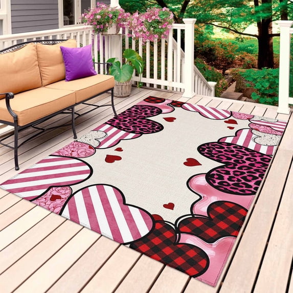 Valentine's Day Outdoor Rug 5x8 Ft, Non Slip Washable Area Rug, Pink Strip Love Hearts Rustic Burlap Patio Rugs Carpet Runner, Large Floor Mat for Indoor/Outdoor Deck Porch Camping