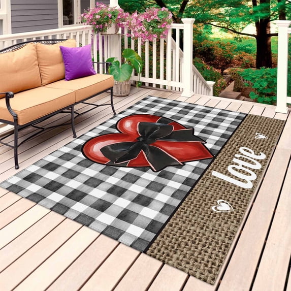Valentine's Day Outdoor Rug 6x9 Ft, Non Slip Washable Area Rug, Bow on Red Heart Love Black White Plaid Linen Patio Rugs Carpet Runner, Large Floor Mat for Indoor/Outdoor Deck Porch Camping