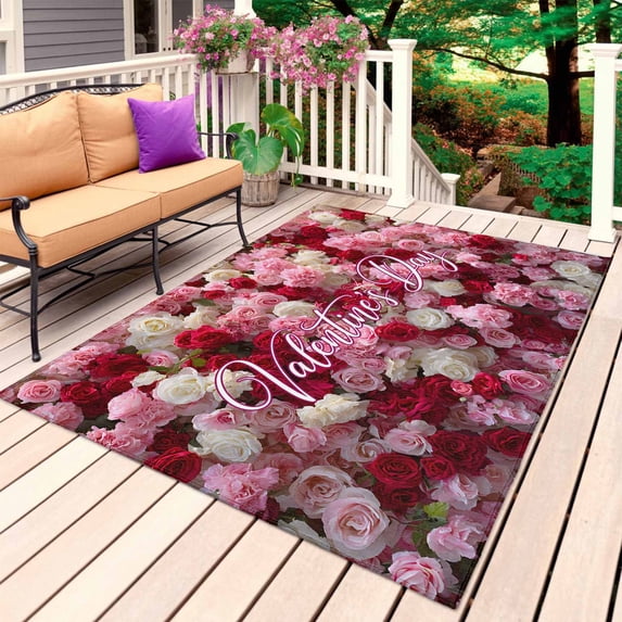 Valentine's Day Outdoor Rug 6x9 Ft, Non Slip Washable Area Rug, Colorful Roses Floral Romantic Rustic Patio Rugs Carpet Runner, Large Floor Mat for Indoor/Outdoor Deck Porch Camping