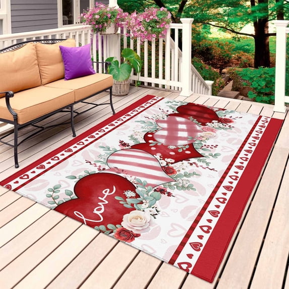 Valentine's Day Outdoor Rug 6x9 Ft, Non Slip Washable Area Rug, Red Love Heart Eucalyptus Leaves Patio Rugs Carpet Runner, Large Floor Mat for Indoor/Outdoor Deck Porch Camping