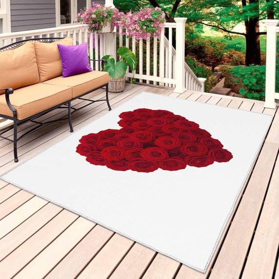Valentine's Day Outdoor Rug 6x9 Ft, Non Slip Washable Area Rug, Red Roses Love Hearts Romantic Watercolor Patio Rugs Carpet Runner, Large Floor Mat for Indoor/Outdoor Deck Porch Camping