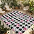thumbnail image 1 of Valentine's Day Outdoor Rug 6x9 Ft - Reversible Patio Rug Outdoor Camping Rugs, Spring Roses Pink Bows Black White Plaid Indoor Outdoor Area Rugs, Non-Slip Outdoor Carpet Runner for Deck/Porch, 1 of 8