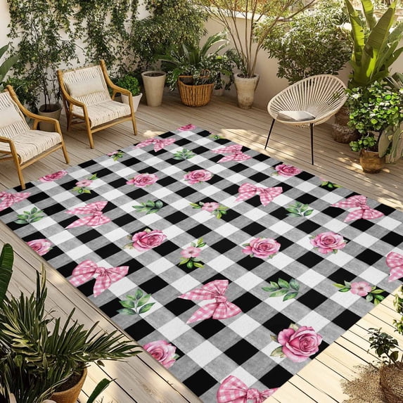 Valentine's Day Outdoor Rug 6x9 Ft - Reversible Patio Rug Outdoor Camping Rugs, Spring Roses Pink Bows Black White Plaid Indoor Outdoor Area Rugs, Non-Slip Outdoor Carpet Runner for Deck/Porch