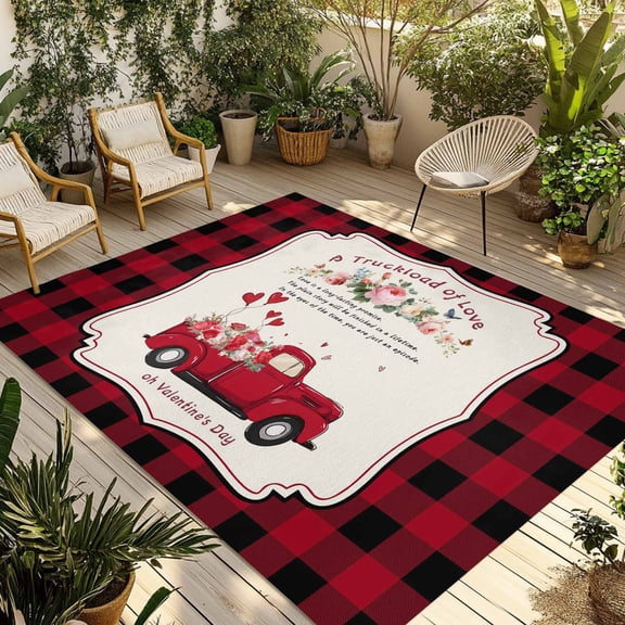 Valentine's Day Outdoor Rug for Patio/Deck/Porch, Non-Slip Large Area Rug 3 x 5 Ft, Floral Love Heart Romantic Roses Plaid Indoor Outdoor Rugs Washable Area Rugs, Reversible Camping Rug Carpet Runner