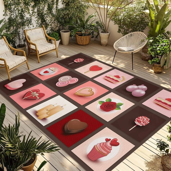 Valentine's Day Outdoor Rug for Patio/Deck/Porch, Non-Slip Large Area Rug 3 x 5 Ft, Love Heart Chocolate Rose Plaid Indoor Outdoor Rugs Washable Area Rugs, Reversible Camping Rug Carpet Runner