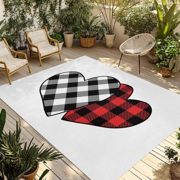 Valentine's Day Outdoor Rug for Patio/Deck/Porch, Non-Slip Large Area Rug 3 x 5 Ft, Loves Red Plaid Romantic Minimalist Indoor Outdoor Rugs Washable Area Rugs, Reversible Camping Rug Carpet Runner