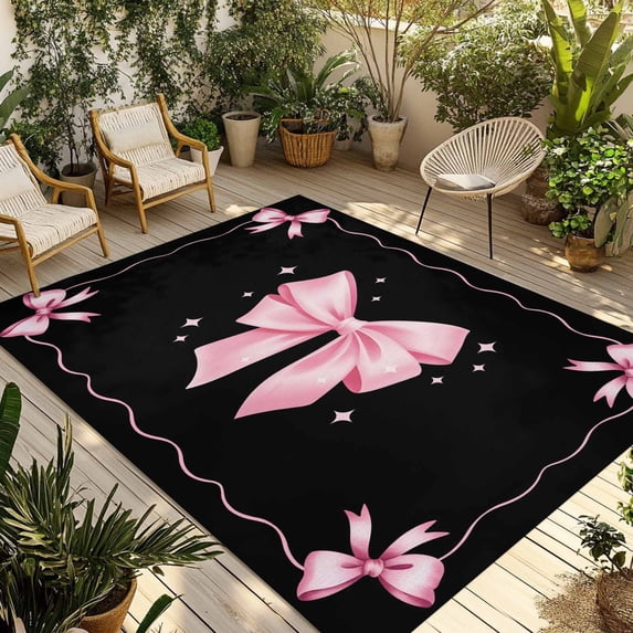 Valentine's Day Outdoor Rug for Patio/Deck/Porch, Non-Slip Large Area Rug 3 x 5 Ft, Pink Bowknot Ribbon on Black Mother's Day Indoor Outdoor Rugs Washable Area Rugs, Camping Rug Carpet Runner