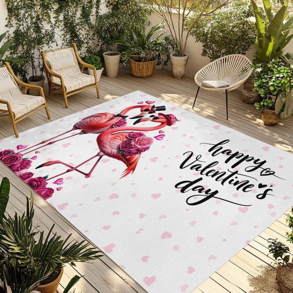 Valentine's Day Outdoor Rug for Patio/Deck/Porch, Non-Slip Large Area Rug 3 x 5 Ft, Red Flamingos Roses Love Romance White Indoor Outdoor Rugs Washable Area Rugs, Reversible Camping Rug Carpet Runner