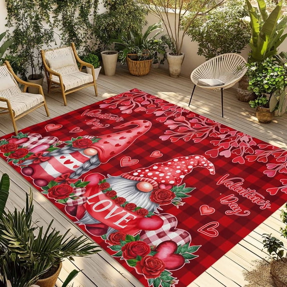 Valentine's Day Outdoor Rug for Patio/Deck/Porch, Non-Slip Large Area Rug 4 x 6 Ft, Gnomes Romantic Roses Red Plaid Indoor Outdoor Rugs Washable Area Rugs, Reversible Camping Rug Carpet Runner