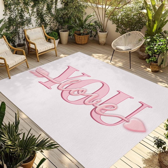 Valentine's Day Outdoor Rug for Patio/Deck/Porch, Non-Slip Large Area Rug 4 x 6 Ft, Pink Love You with Arrow Minimalist Indoor Outdoor Rugs Washable Area Rugs, Reversible Camping Rug Carpet Runner