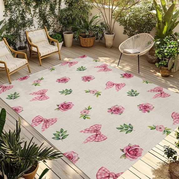 Valentine's Day Outdoor Rug for Patio/Deck/Porch, Non-Slip Large Area Rug 4 x 6 Ft, Spring Roses Romantic Pink Bows Vintage Indoor Outdoor Rugs Washable Area Rugs, Camping Rug Carpet Runner