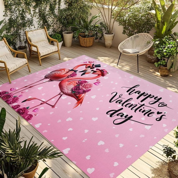 Valentine's Day Outdoor Rug for Patio/Deck/Porch, Non-Slip Large Area Rug 5 x 7 Ft, Flamingos Roses Love Romance Ombre Pink Indoor Outdoor Rugs Washable Area Rugs, Camping Rug Carpet Runner