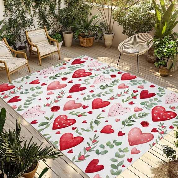 Valentine's Day Outdoor Rug for Patio/Deck/Porch, Non-Slip Large Area Rug 5 x 7 Ft, Pink Red Love Heart Spring Green Botanical Indoor Outdoor Rugs Washable Area Rugs, Camping Rug Carpet Runner