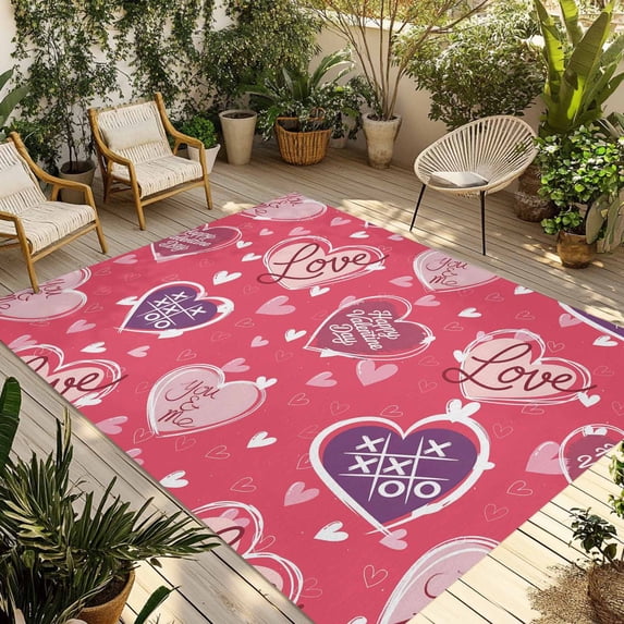Valentine's Day Outdoor Rug for Patio/Deck/Porch, Non-Slip Large Area Rug 5 x 8 Ft, Pink Purple Love Romantic Heart Indoor Outdoor Rugs Washable Area Rugs, Reversible Camping Rug Carpet Runner