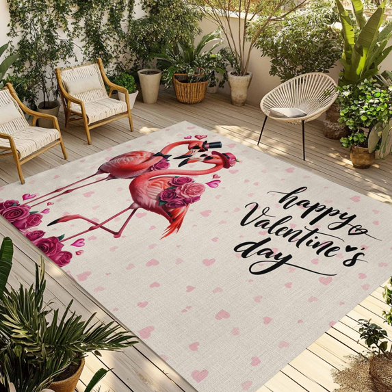 Valentine's Day Outdoor Rug for Patio/Deck/Porch, Non-Slip Large Area Rug 5 x 8 Ft, Red Flamingos Roses Love Romance Beige Indoor Outdoor Rugs Washable Area Rugs, Reversible Camping Rug Carpet Runner