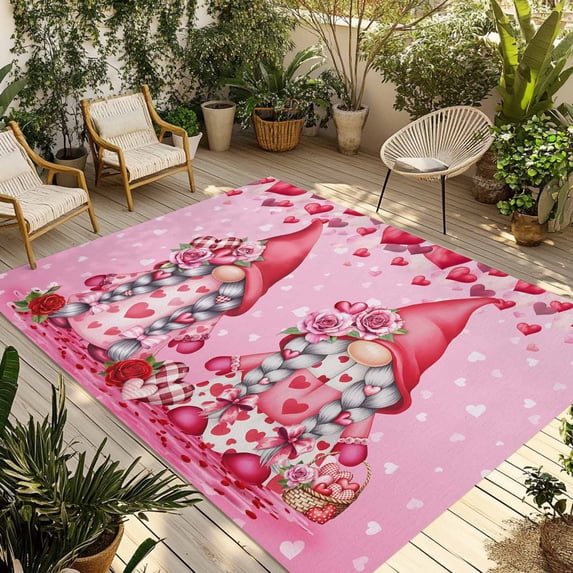 Valentine's Day Outdoor Rug for Patio/Deck/Porch, Non-Slip Large Area Rug 6 x 9 Ft, Ombre Pink Gnomes Love Roses Romantic Indoor Outdoor Rugs Washable Area Rugs, Reversible Camping Rug Carpet Runner