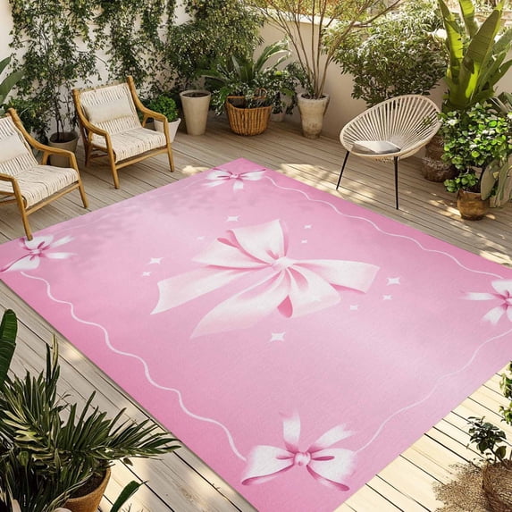 Valentine's Day Outdoor Rug for Patio/Deck/Porch, Non-Slip Large Area Rug 6 x 9 Ft, Pink Bowknot Ribbon Modern Mother's Day Indoor Outdoor Rugs Washable Area Rugs, Camping Rug Carpet Runner