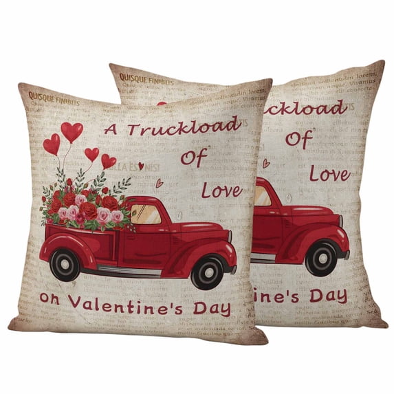 Valentine's Day Outdoor Waterproof Pillow Covers, Farmhouse Vintage Red Truck Roses Love Decorative Square Throw Pillowcase Sofa Cushion Sham for Patio/Couch/Chair, 20"x20" 2 Pack