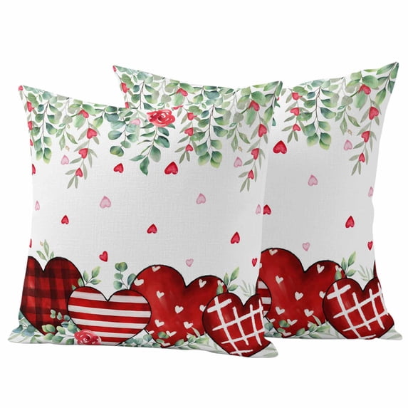 Valentine's Day Outdoor Waterproof Pillow Covers, Red Love Heart Eucalyptus Leaves Floral Decorative Square Throw Pillowcase Sofa Cushion Sham for Patio/Couch/Chair, 18"x18" 2 Pack