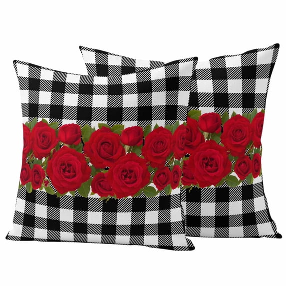 Valentine's Day Outdoor Waterproof Pillow Covers, Red Roses Floral Leaves Buffalo Plaid Decorative Square Throw Pillowcase Sofa Cushion Sham for Patio/Couch/Chair, 18"x18" 2 Pack