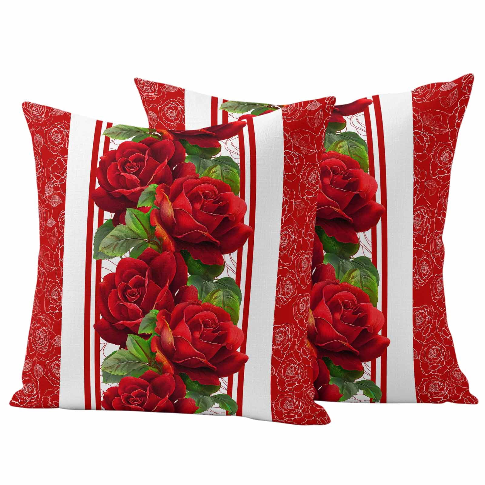 Valentine's Day Outdoor Waterproof Pillow Covers, Red Roses Floral Romantic Striped Decorative Square Throw Pillowcase Sofa Cushion Sham for Patio/Couch/Chair, 20"x20" 2 Pack