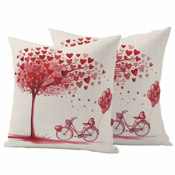 Valentine's Day Outdoor Waterproof Pillow Covers Set of 2, Watercolor Red Love Heart Bicycle under Tree Linen Texture Pillowcase Decorative Throw Cushion Cases for Patio Garden Couch 20 x 20 Inches