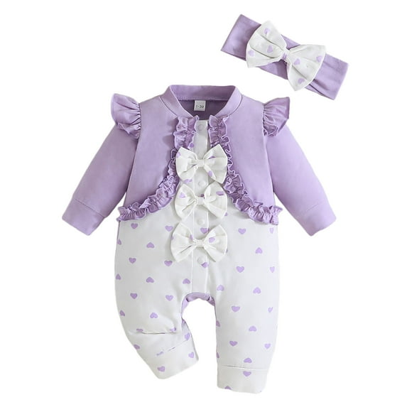 Valentine's Day Baby Outfit Boys Girls Long Sleeve Prints Bowknot Romper Jumpsuit Clothes Headband Romper Pullover Tops Toddler Clothes 3-6 Months