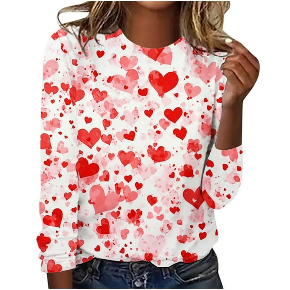 Valentine's Day Outfits Women's Cute Heart T-Shirts Casual Long Sleeve Tops Holiday Cute Basic Tees