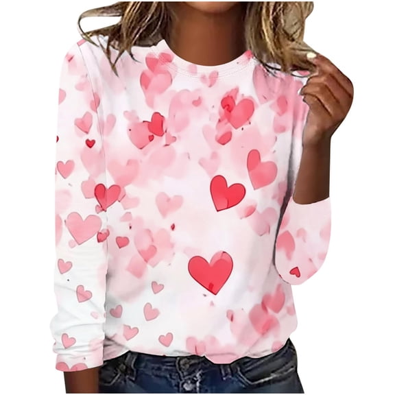 Valentine's Day Outfits Women's Cute Heart T-Shirts Casual Long Sleeve Tops Holiday Cute Basic Tees