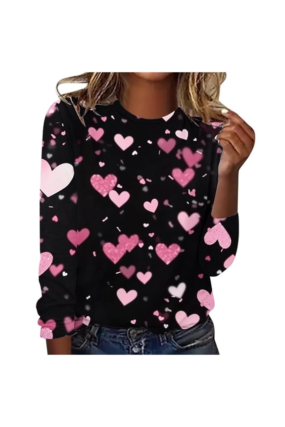 Valentine's Day Outfits Women's Cute Heart T-Shirts Casual Long Sleeve Tops Holiday Cute Basic Tees