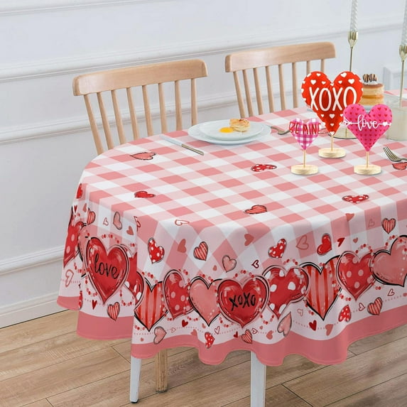 Valentine''s Day Oval Tablecloth 60×84 inch,Pink Buffalo Plaid Washable Table Cover, Red Love Hearts Valentines Decoration Table Cloth for Party Picnic Dinner Deco