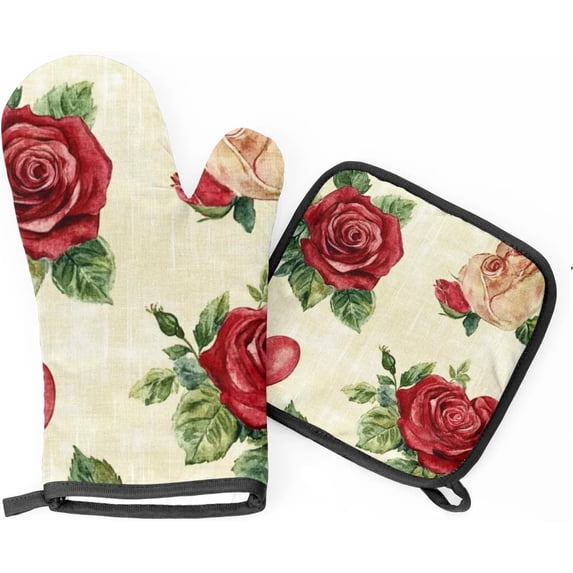 Valentine''s Day Oven Mitts and Pot Holders Set of 2, Floral Love Heat Resistant Oven Mitts Kitchen Oven Glove for Cooking, Baking