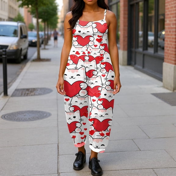 Valentine's Day Overalls for Women Casual Wide Leg Romper Pants Cute Heart Graphic Printed One Piece Pants Casual Baggy Overalls Valentine's Jumpsuits with Adjustable Straps