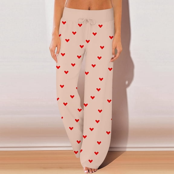 Valentine's Day Pajama Bottoms for Women Holiday Love Heart Pattern Pj Pants Comfy Drawstring Sleepwear Long Pajamas Pants